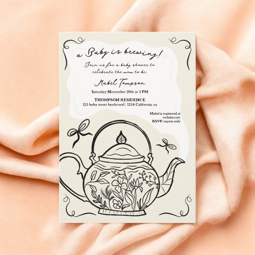 Retro boho black bow teapot baby is brewing shower invitation