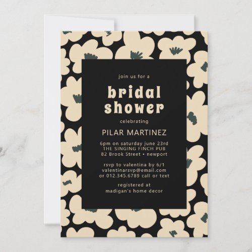 Retro Boho Black White Floral Bridal Shower Invitation