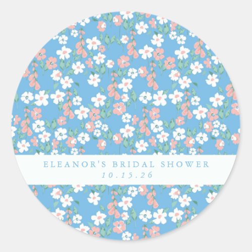 Retro Boho Blue Ditsy Floral Custom Bridal Shower Classic Round Sticker