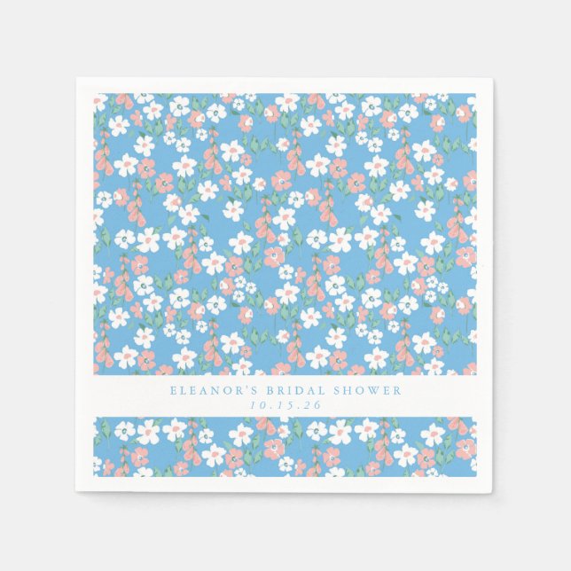 Retro Boho Blue Ditsy Floral Custom Bridal Shower  Napkins (Front)