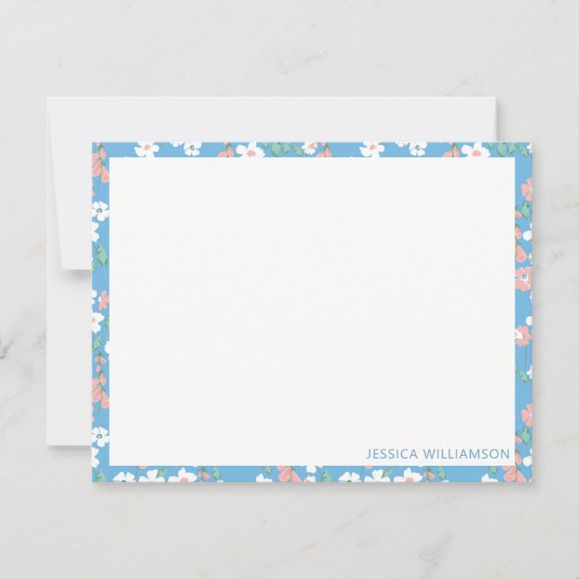 Retro Boho Blue Ditsy Floral Personalized Name Note Card (Front)