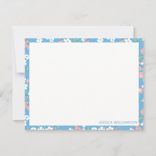 Retro Boho Blue Ditsy Floral Personalized Name Note Card