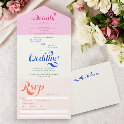 Retro boho  blue pink elegant script chic wedding all in one invitation