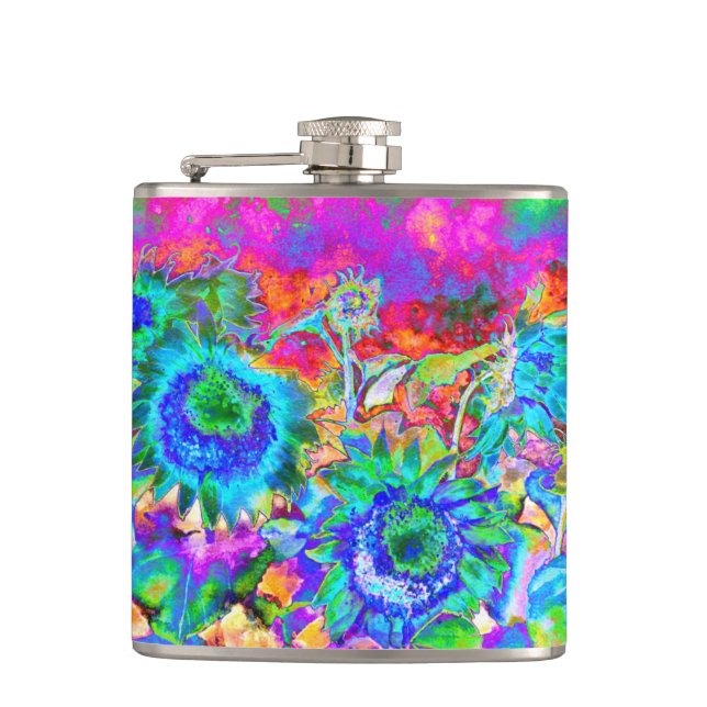 Retro boho blue purple pink flowers flask (Front)