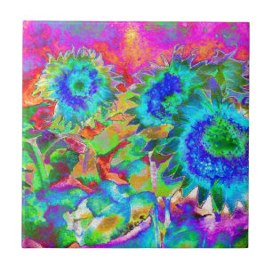 Retro boho blue purple pink flowers tile