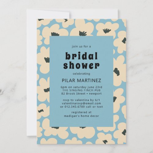 Retro Boho Blue White Floral Bridal Shower Invitation
