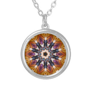 Retro Boho Bohemian Hippie Trippy Rosette Mandala Silver Plated Necklace