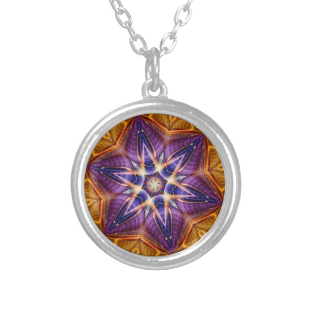 Retro Boho Bohemian Hippie Trippy Rosette Mandala Silver Plated Necklace (Front)