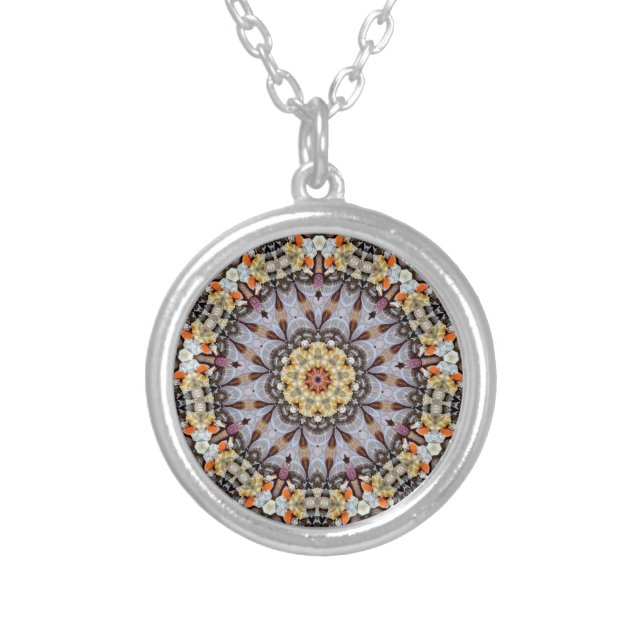 Retro Boho Bohemian Rosette Hippie Trippy Mandala Silver Plated Necklace (Front)