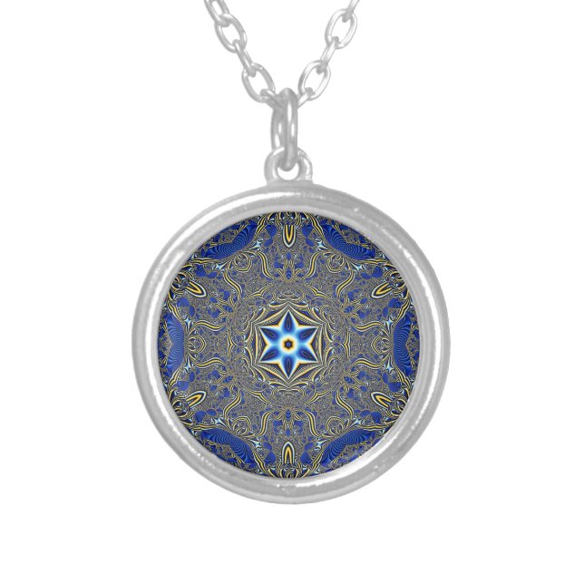 Retro Boho Bohemian Rosette Hippie Trippy Mandala Silver Plated Necklace (Front)