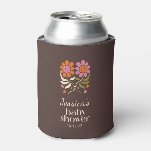 Retro Boho Brown Flower Groovy Baby Shower Custom Can Cooler