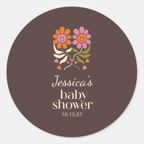 Retro Boho Brown Flower Groovy Baby Shower Custom Classic Round Sticker
