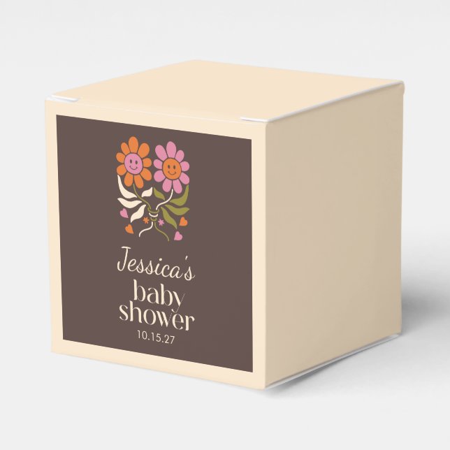 Retro Boho Brown Flower Groovy Baby Shower Custom Favor Boxes (Front Side)