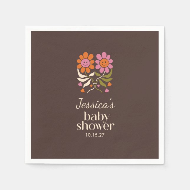 Retro Boho Brown Flower Groovy Baby Shower Custom Napkins (Front)