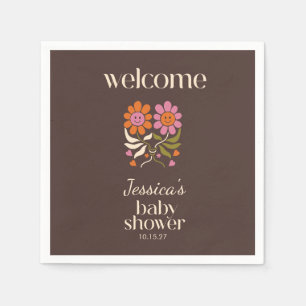 Retro Boho Brown Flower Groovy Baby Shower Custom Napkins