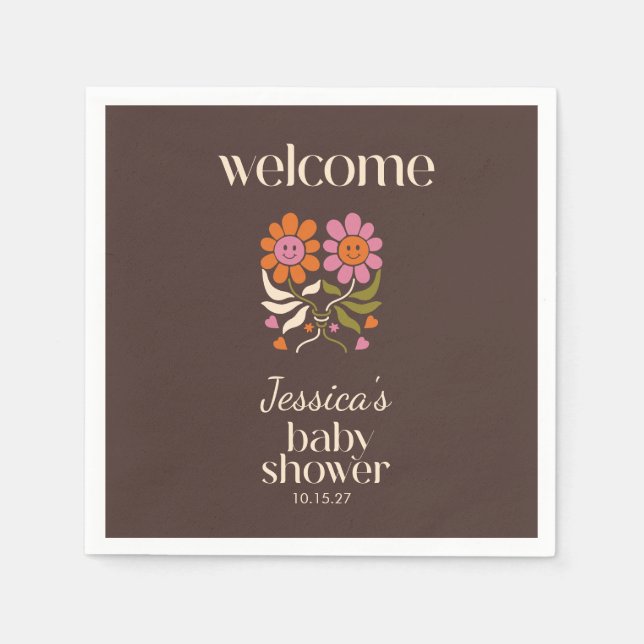 Retro Boho Brown Flower Groovy Baby Shower Custom Napkins (Front)