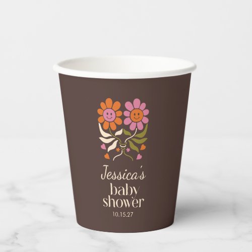 Retro Boho Brown Flower Groovy Baby Shower Custom Paper Cups