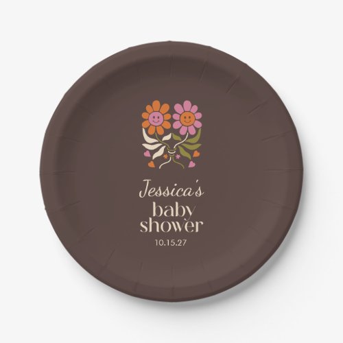 Retro Boho Brown Flower Groovy Baby Shower Custom Paper Plates