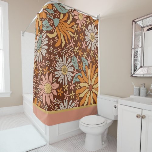 Retro Boho Brown Vintage Floral Pattern  Shower Curtain