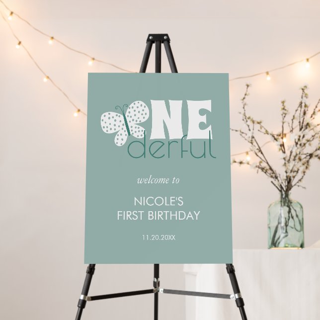 Retro Boho Butterfly 1st Birthday Dusty Blue Foam Board (In Situ (Stand))