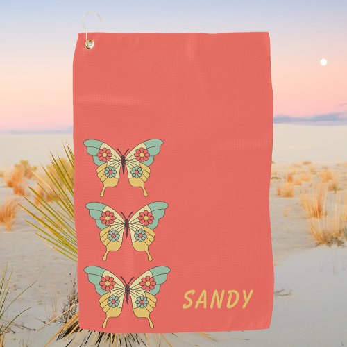  Retro Boho Butterfly Personalized Womens  Golf Towel