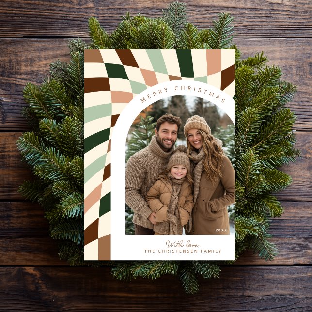 Retro Boho Checkered Photo Christmas Card (Shown on a 5" x 7" card)