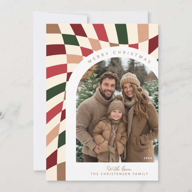 Retro Boho Checkered Photo Christmas Card (Front)