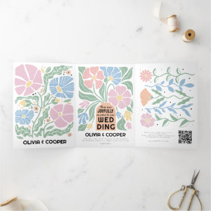 Retro Boho Chic Abstract Floral Wedding Details Tri-Fold Invitation