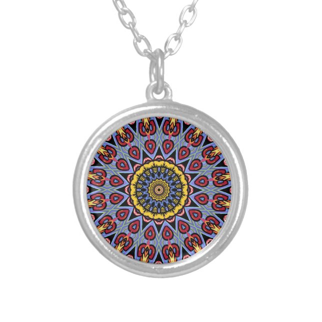 Retro Boho Chic Bohemian Hippie Rosette Mandala Silver Plated Necklace (Front)