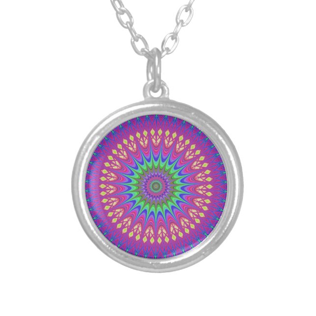 Retro Boho Chic Bohemian Hippie Trippy Psychedelic Silver Plated Necklace (Front)