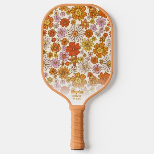 Retro Boho Chic Floral Print Custom Text Cool Pickleball Paddle