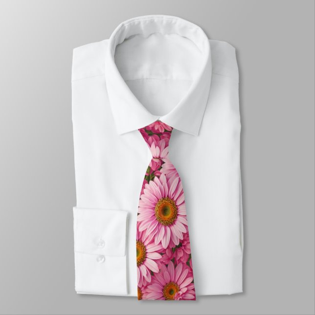 Retro boho chic pink floral flowers pattern neck tie (Tied)
