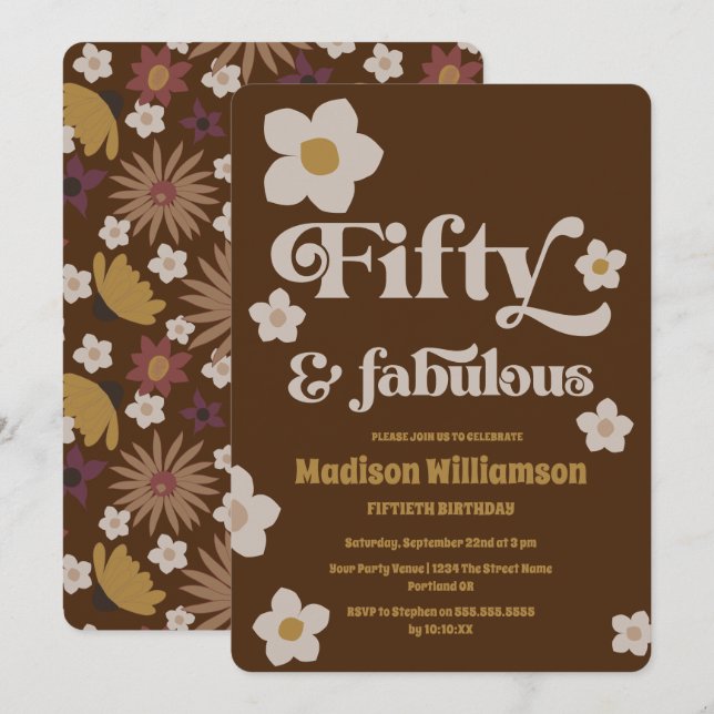 Retro Boho Chocolate Brown 50 & Fabulous Birthday  Invitation (Front/Back)