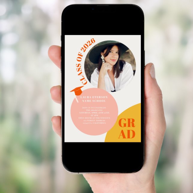 Retro boho circle pink orange 5 photos graduation invitation (Front Digital)