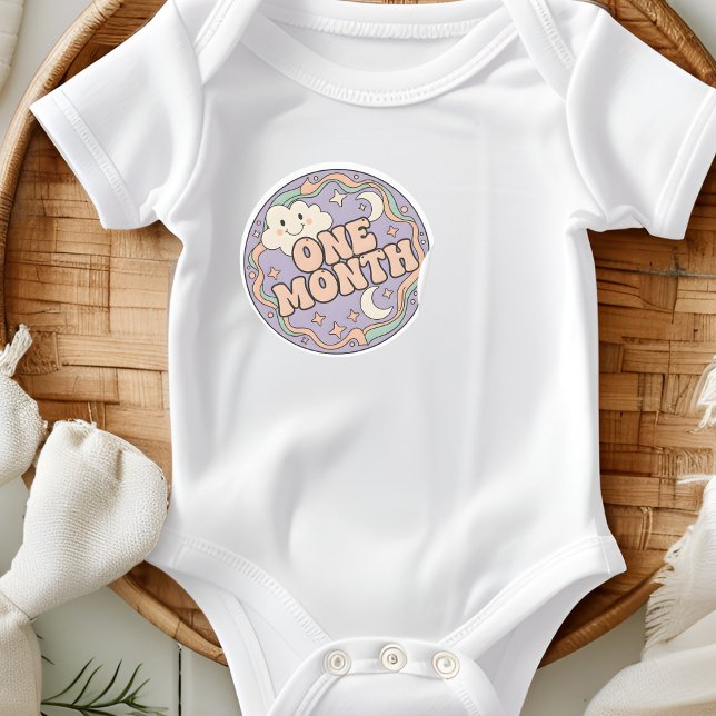 Retro Boho Cloud Baby One Month Milestone Classic Round Sticker (Creator Uploaded)