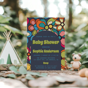 Retro Boho Colorful 70s Floral Baby Shower Party Invitation
