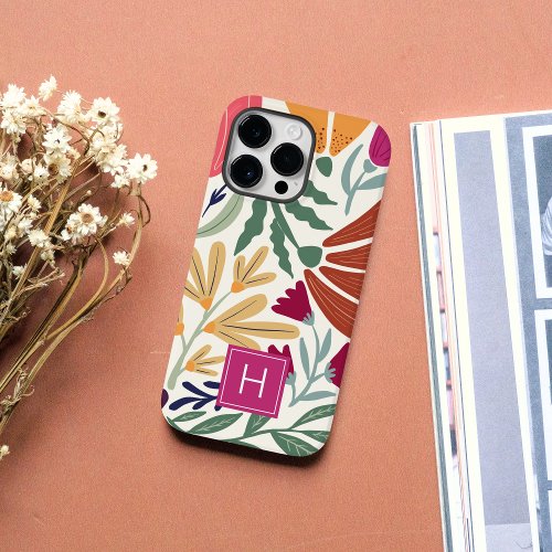 Retro Boho Colorful Floral Simple Chic Monogram  iPhone 15 Pro Max Case