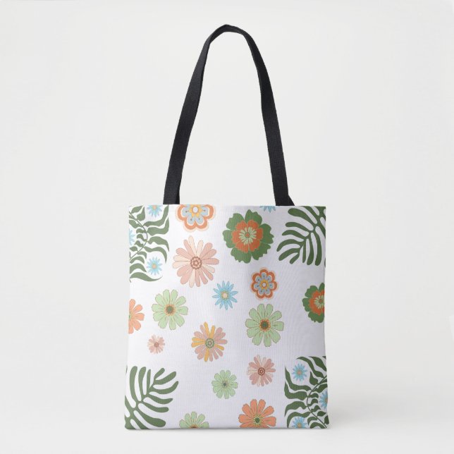retro boho colorful floral stylish tote bag (Front)