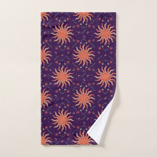 Retro Boho Coral and Purple Sun and Moon Hand Towel