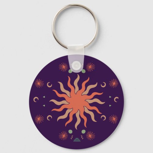 Retro Boho Coral and Purple Sun and Moon Keychain