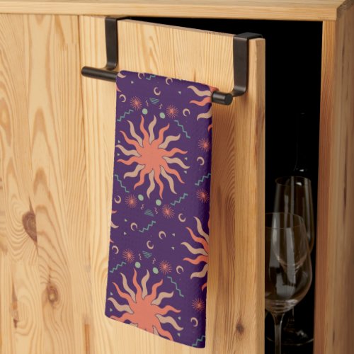 Retro Boho Coral and Purple Sun and Moon Kitchen Towel