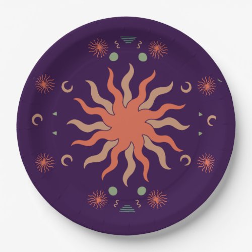 Retro Boho Coral and Purple Sun and Moon Paper Plates