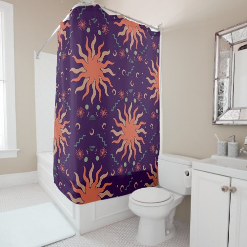 Retro Boho Coral and Purple Sun and Moon Shower Curtain