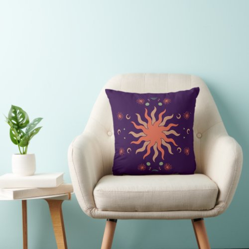 Retro Boho Coral and Purple Sun and Moon Throw Pillow