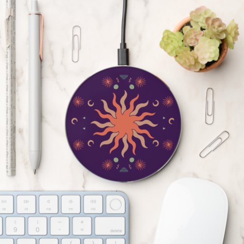 Retro Boho Coral and Purple Sun and Moon  Wireless Charger