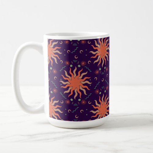 Retro Boho Coral Sun Moon Pattern on Dark Purple Coffee Mug