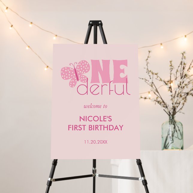 Retro Boho Cute Butterfly Kids 1st Birthday Pink Foam Board (In Situ (Stand))