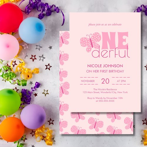 Retro Boho Cute Butterfly Kids 1st Birthday Pink Invitation