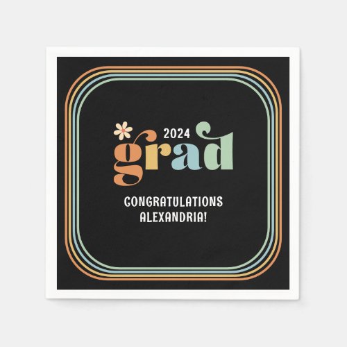 Retro Boho Daisy 2024 Grad Black Party Napkins