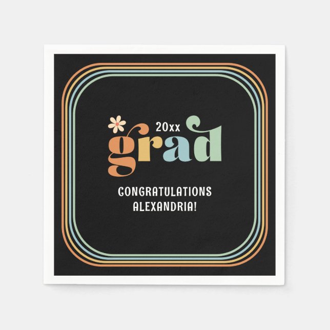 Retro Boho Daisy 2026 Grad Black Party Napkins (Front)